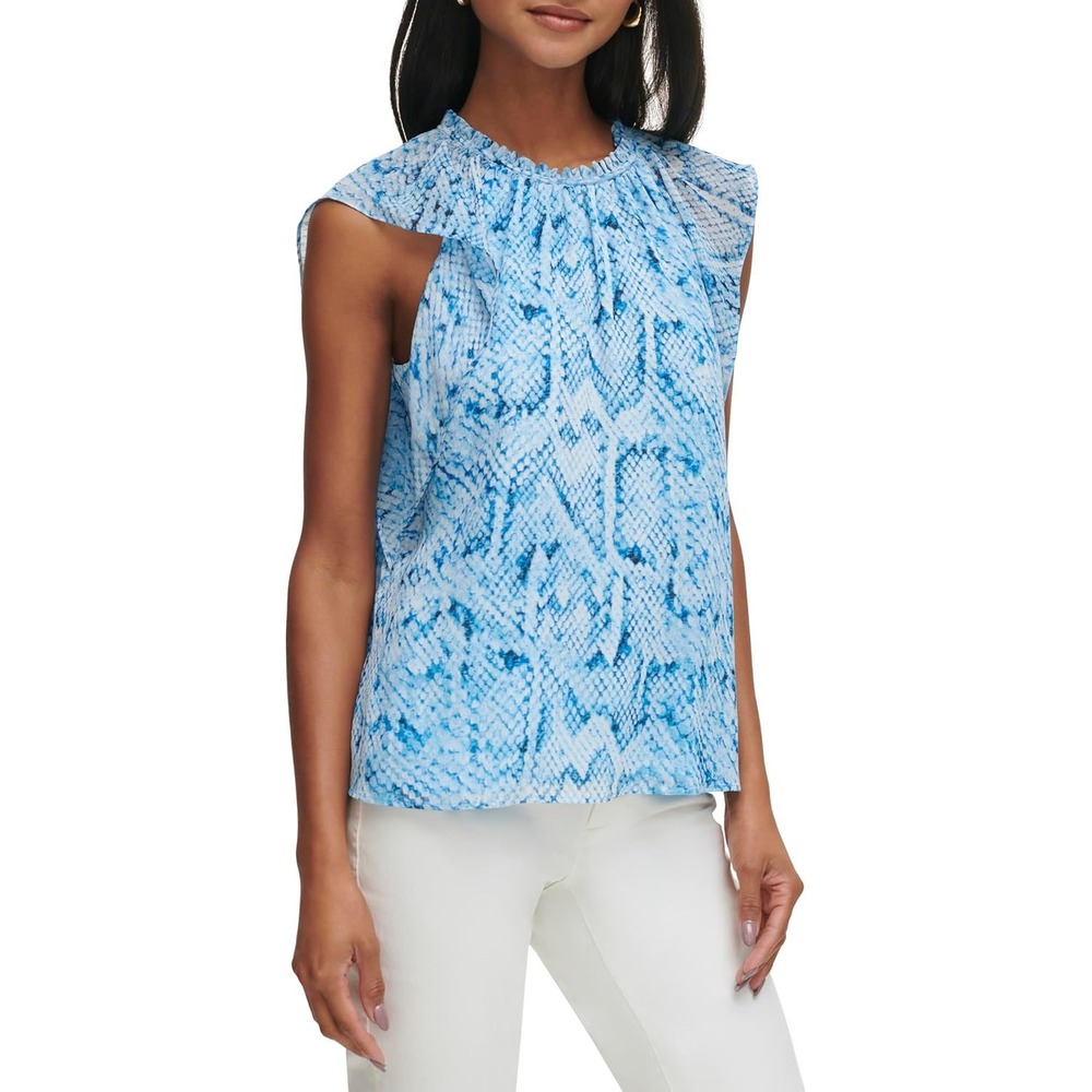 Calvin Klein Blue Snakeskin Mock Neck Sleeveless Blouse Women's Size Small